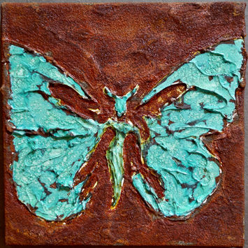 15x15 cm, gespachteltes Metall-Oxidationsbild (Rost&Kupfer) auf Leinwand 