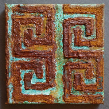 15x15 cm, gespachteltes Metall-Oxidationsbild (Rost&Kupfer) auf Leinwand 