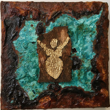 15x15 cm, gespachteltes Metall-Oxidationsbild (Rost&Kupfer&Blattgold auf Rinde) auf Leinwand 