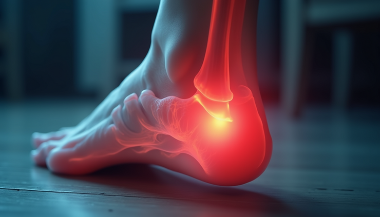 Close-up view of a foot with heel pain highlighted in red