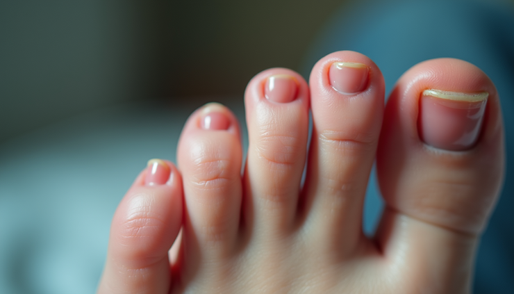 Close-up view of a swollen and red big toe with an ingrowing toenail