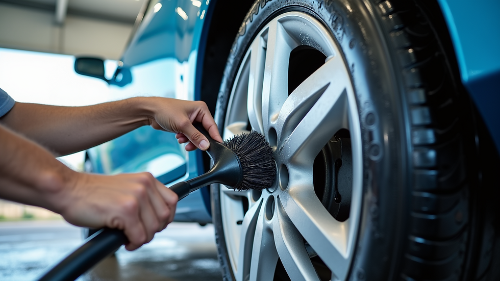 Close-up view of a car wheel being cleaned with a brush at a car wash