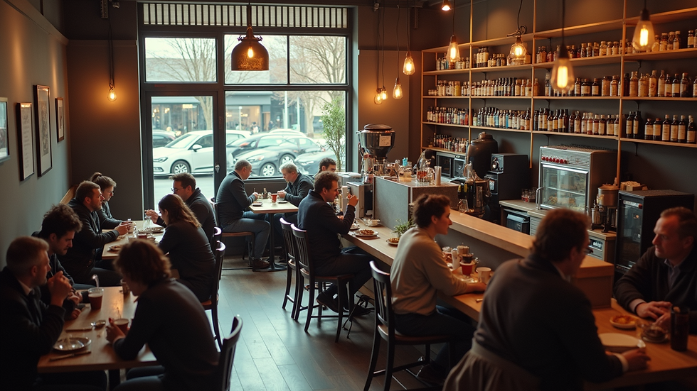 High angle view of a cozy coffee shop interior with customers enjoying drinks