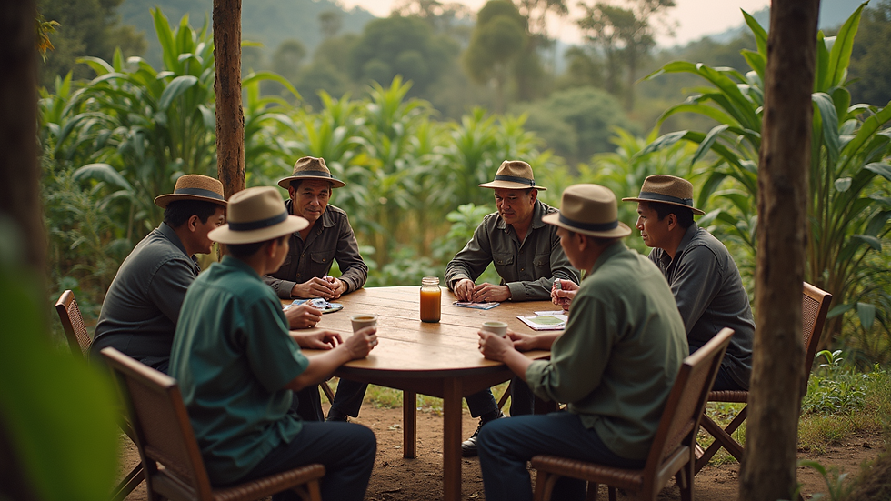 High angle view of a Lao coffee cooperative meeting outdoors
