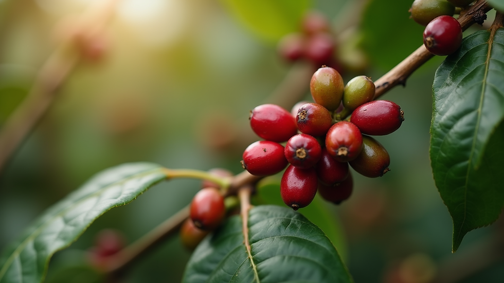Close-up view of ripe coffee cherries on a branch