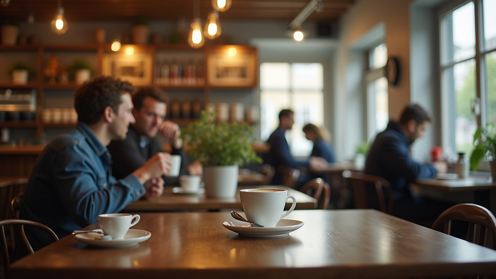 Eye-level view of a cozy café interior with customers enjoying coffee