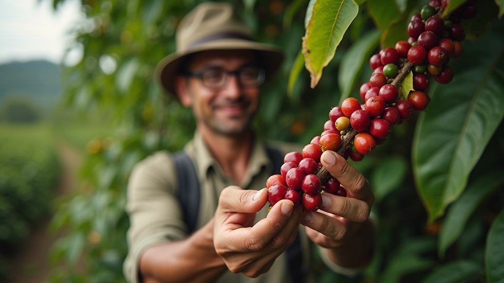 Eye-level view of a coffee farmer inspecting ripe coffee cherries on a tree