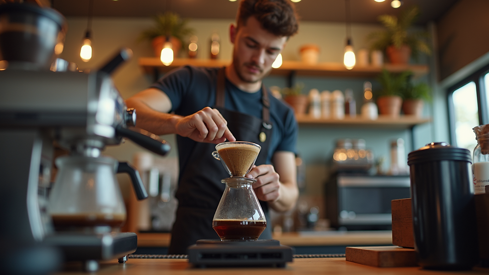 Eye-level view of a young barista experimenting with coffee brewing methods