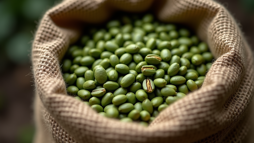 Close-up view of fresh green coffee beans in a burlap sack