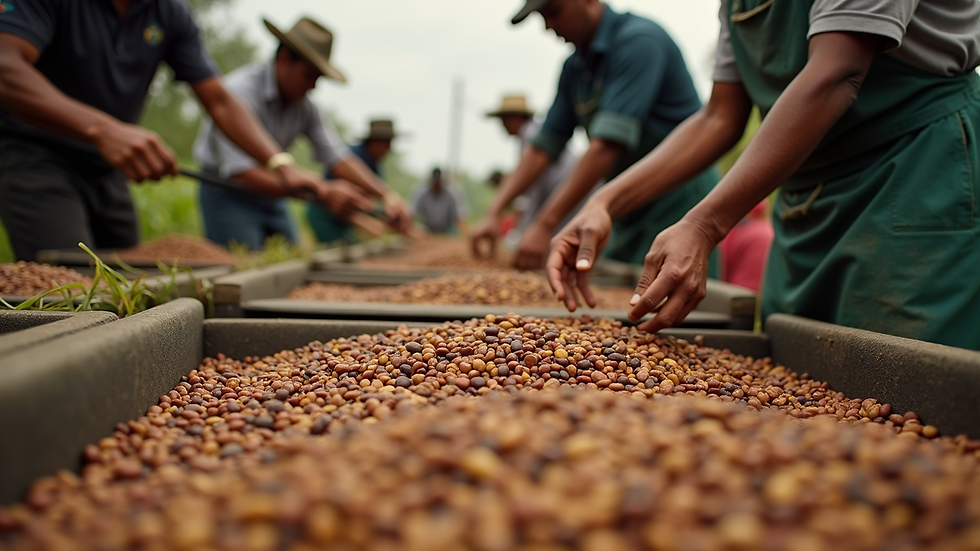 Eye-level view of coffee workers sorting beans on drying beds