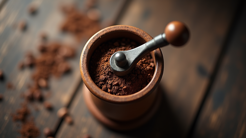 Eye-level view of a hand grinder with coffee grounds