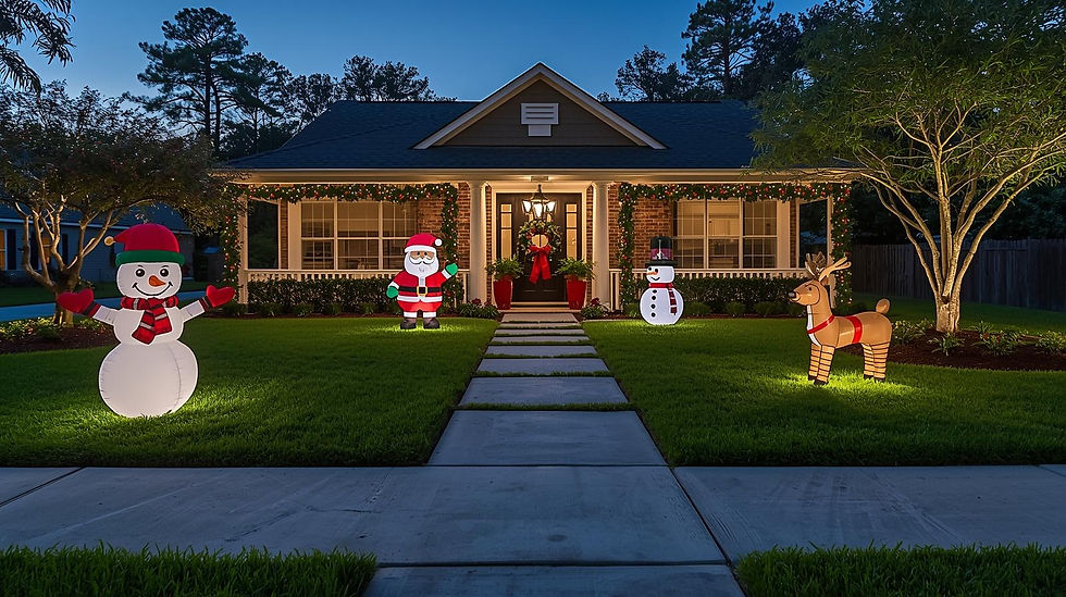 Holiday inflatables and ornaments obstacle course