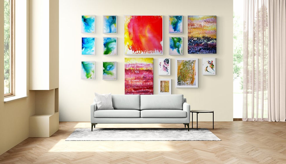 Eye-level view of a vibrant painting featuring abstract shapes and warm colors