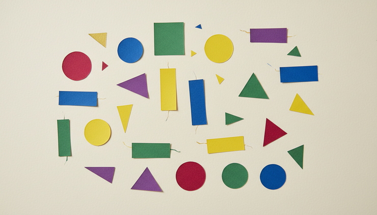 Overhead view of cut paper shapes arranged with uneven gaps on a neutral surface.