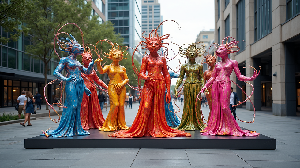 Eye-level view of a vibrant art installation in an urban setting