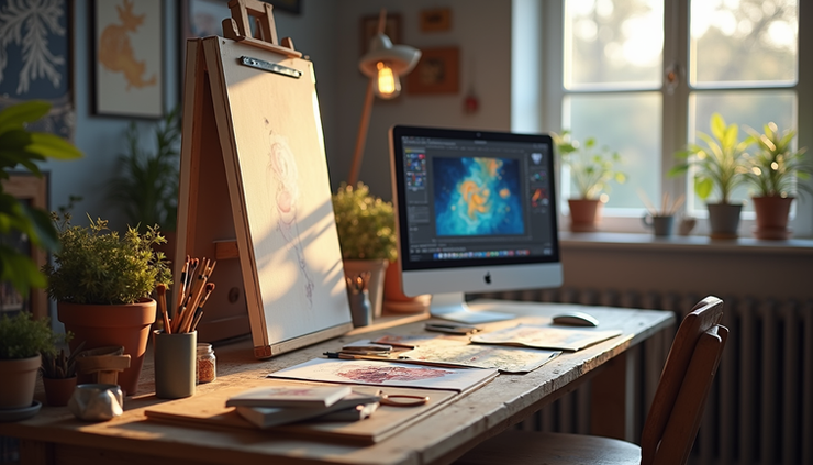 Eye-level view of a bright artist's studio with canvases and digital tools
