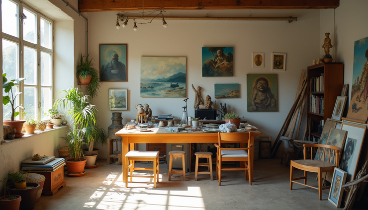Eye-level view of a traditional Angono artist’s studio filled with paintings and sculptures