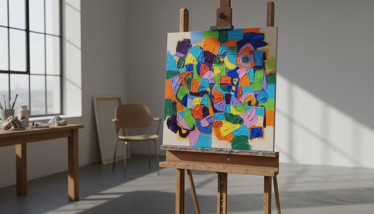 Eye-level view of a cluttered abstract canvas with competing shapes and colors.