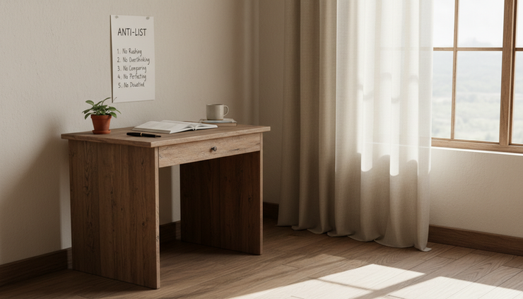 Wide-angle view of a small writing table with an anti-list taped above a blank notebook.