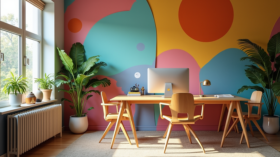 Eye-level view of a vibrant workspace with colorful art supplies