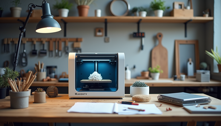 Eye-level view of a modern maker workspace with 3D printer, laser cutter, and hand tools neatly arranged