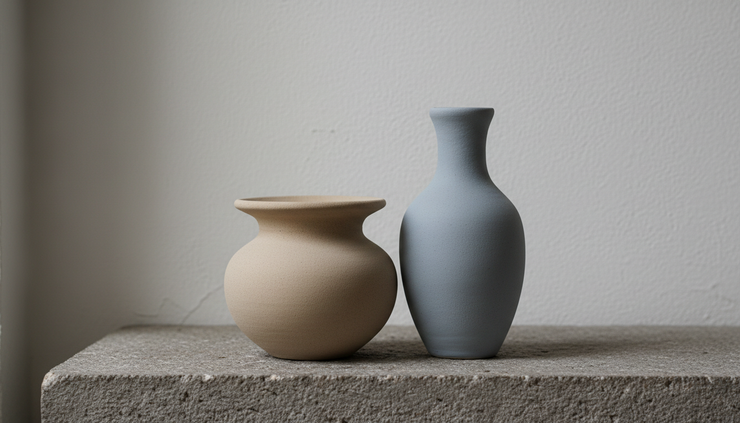 Eye-level view of two ceramic vessels with a narrow gap between them