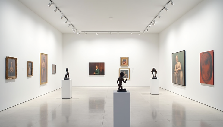 Eye-level view of a modern art gallery with diverse artworks displayed on white walls