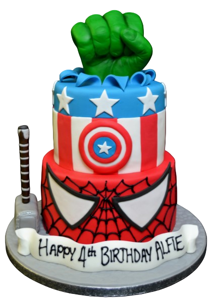 A stunning two-tier Marvel-themed cake featuring the Incredible Hulk's fist as a central decoration. Perfect for any superhero fan's celebration.