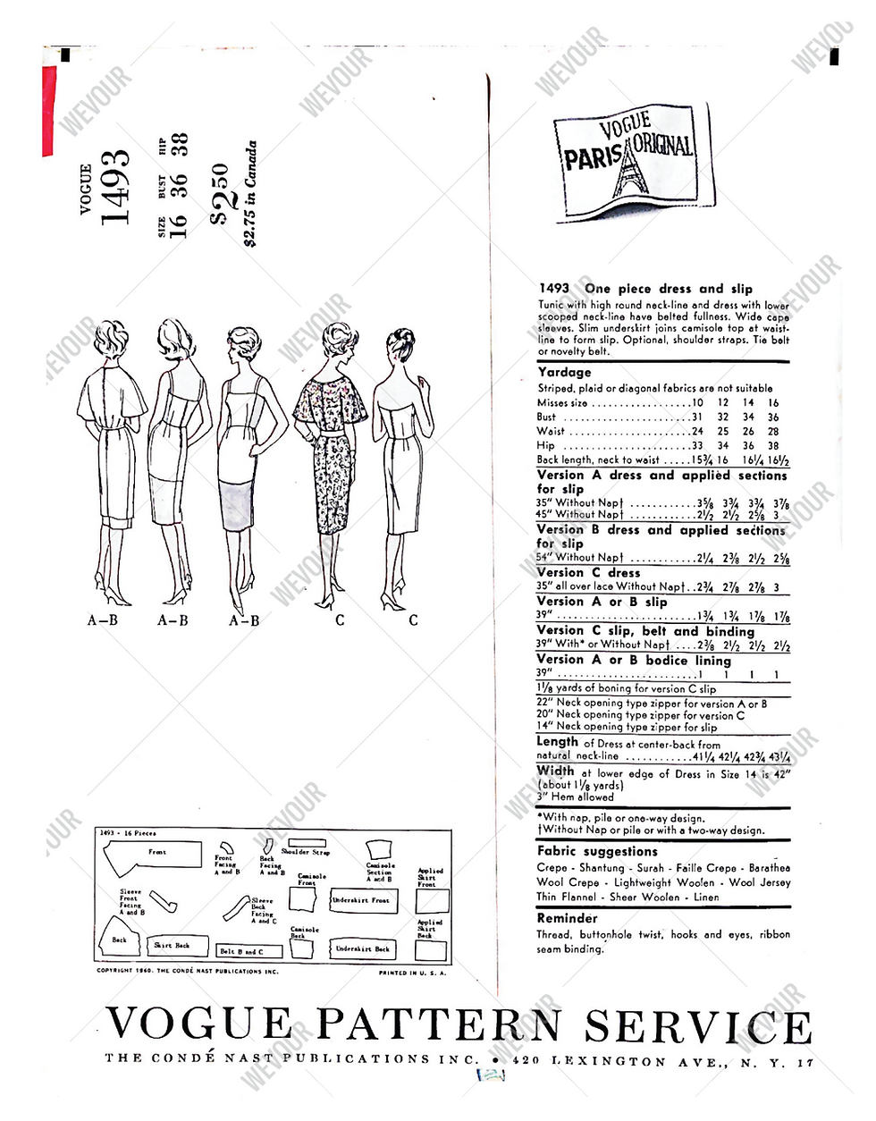 Thumbnail: VOGUE PARIS ORIGINAL c.1950 Pattern Jacques Heinz Evening Slip and Dress #1493