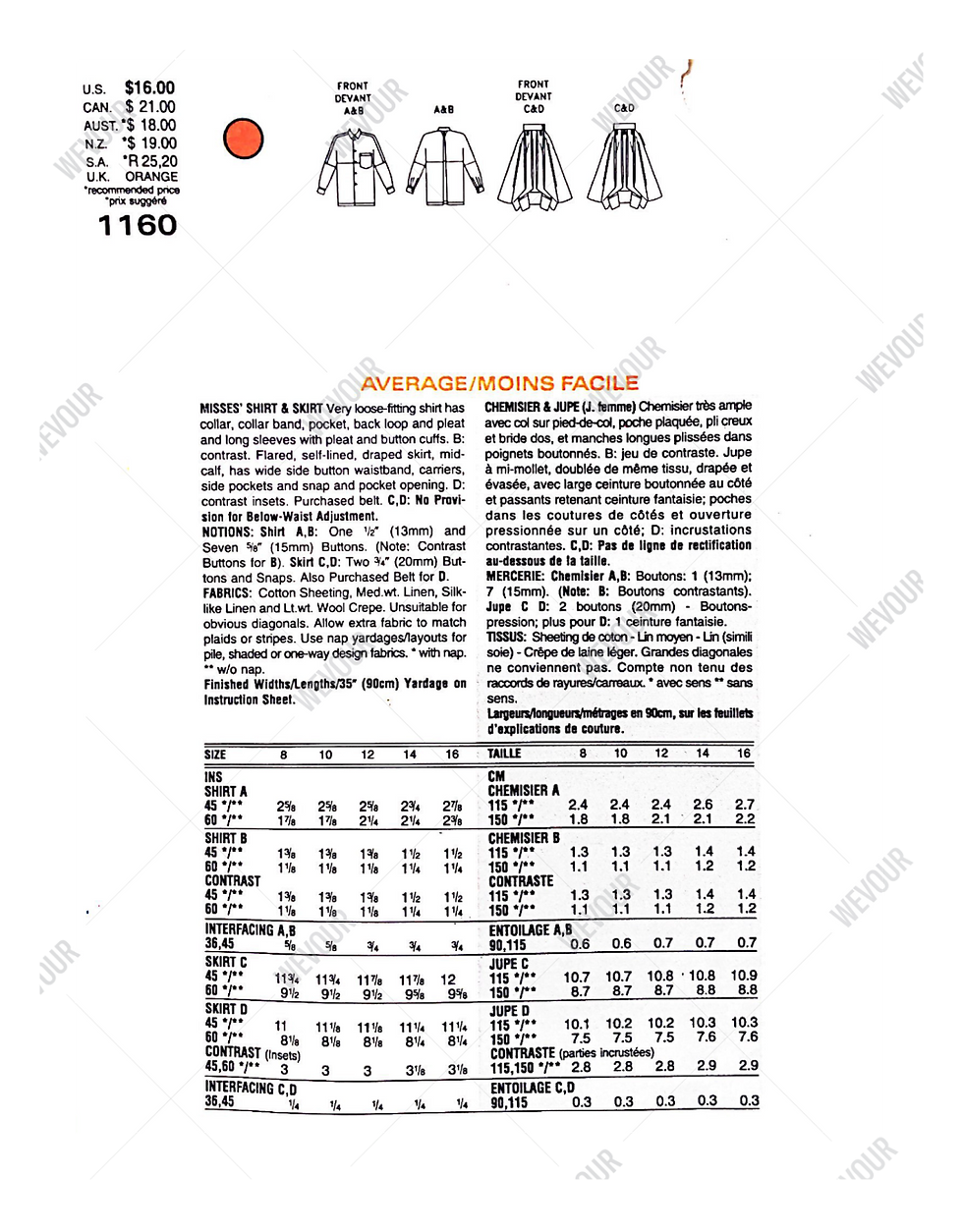 Thumbnail: VOGUE DESIGNER 1993 Pattern Issey Miyake Shirt & Skirt #1160