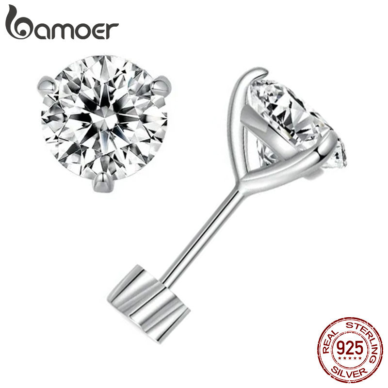 BAMOER Classic Moissanite Earrings, 925 Silver Brilliant Three Prongs Round Cut