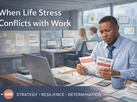 Employee at office desk looking stressed while reviewing overdue bills, illustrating how financial pressure affects workplace focus and performance.