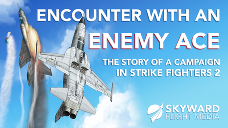 Two fighter jets in combat, in an ascending spiral. An F-5E shoots down a MiG-21.