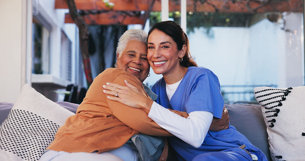 Old woman, nurse and portrait with hug on sofa for healthcare support, medical service and