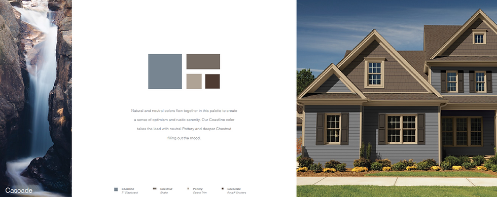 Waterfall beside a color palette and house exterior. Text highlights optimism with colors like Coastline, Pottery, and Chestnut.