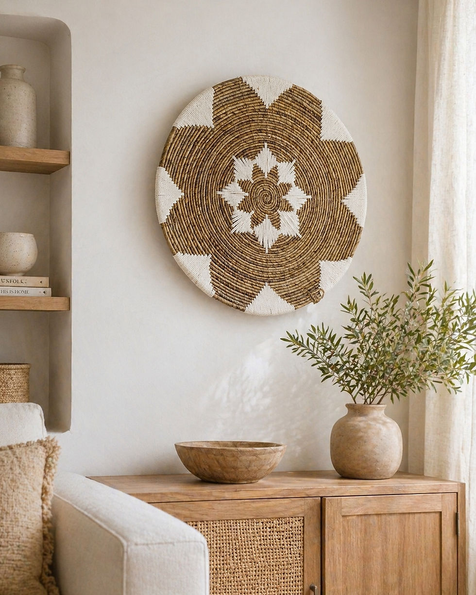 Miniature : Plateau mural osier naturel & macramé blanc — fait main Ø60