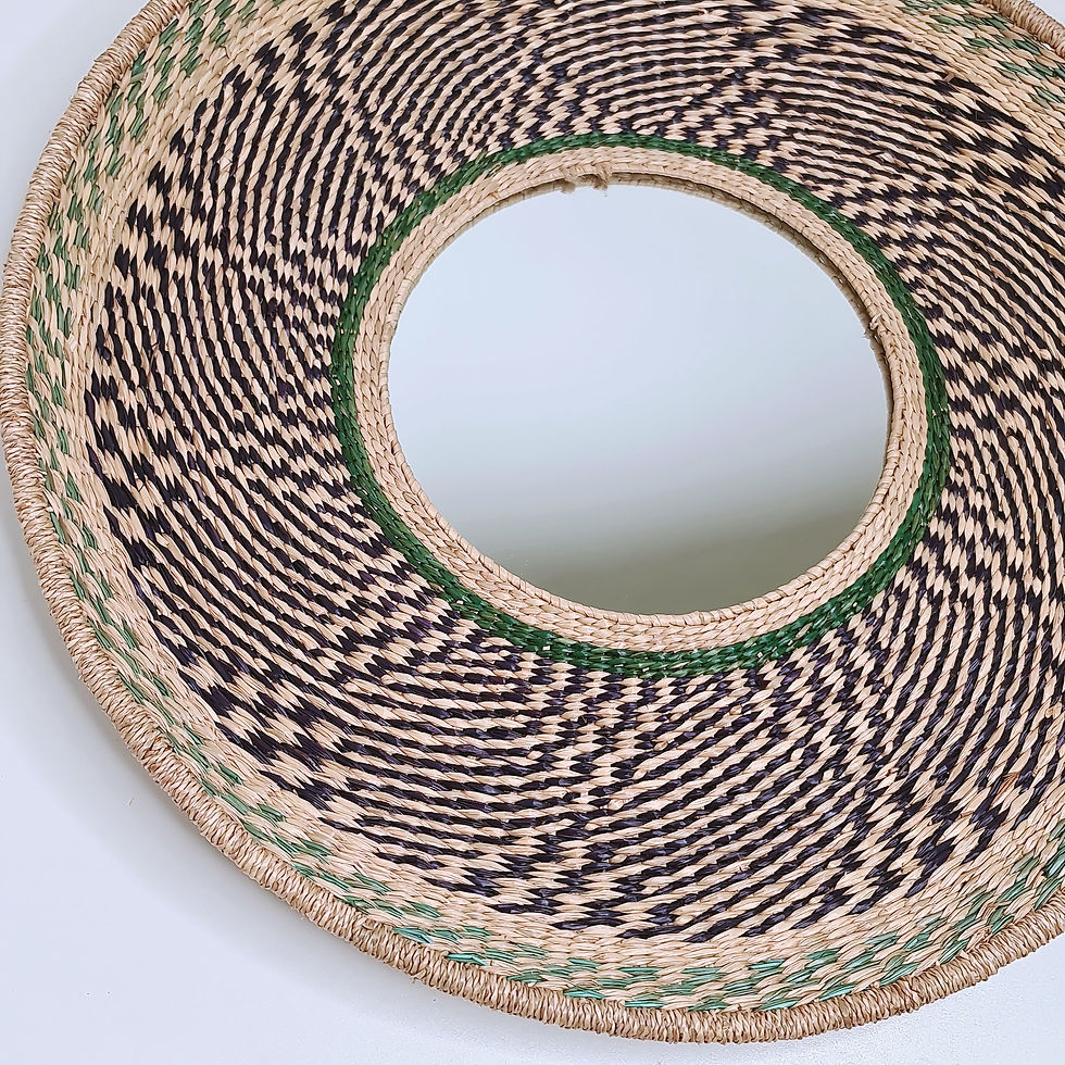 Miniature : Miroir mural soleil — raphia naturel, noir & vert, Ø 70 cm