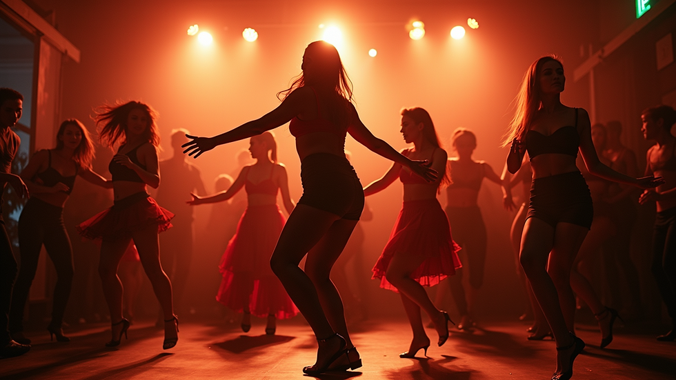 Eye-level view of a lively Latin dance social event in a Vancouver studio