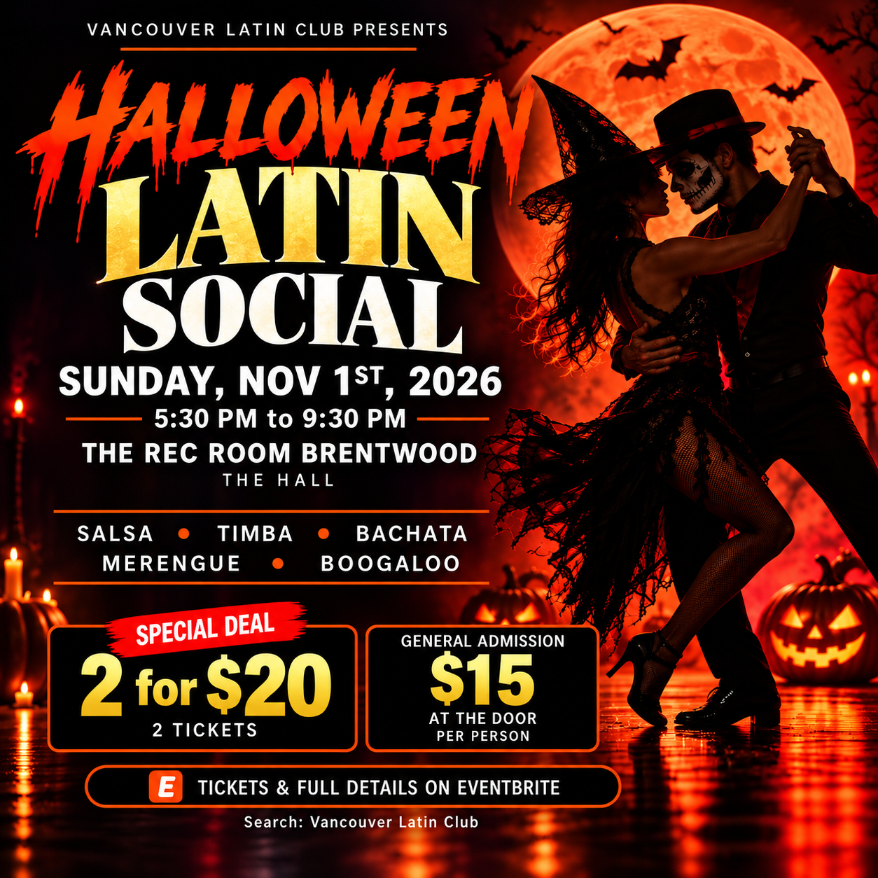 Vancouver Latin Club Halloween Latin Social under the Blood Moon poster for Sunday, November 1, 2026