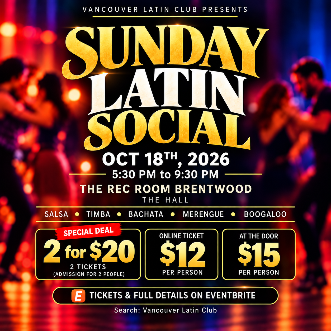 Sunday Latin Social poster for October 18, 2026 at The Rec Room Brentwood