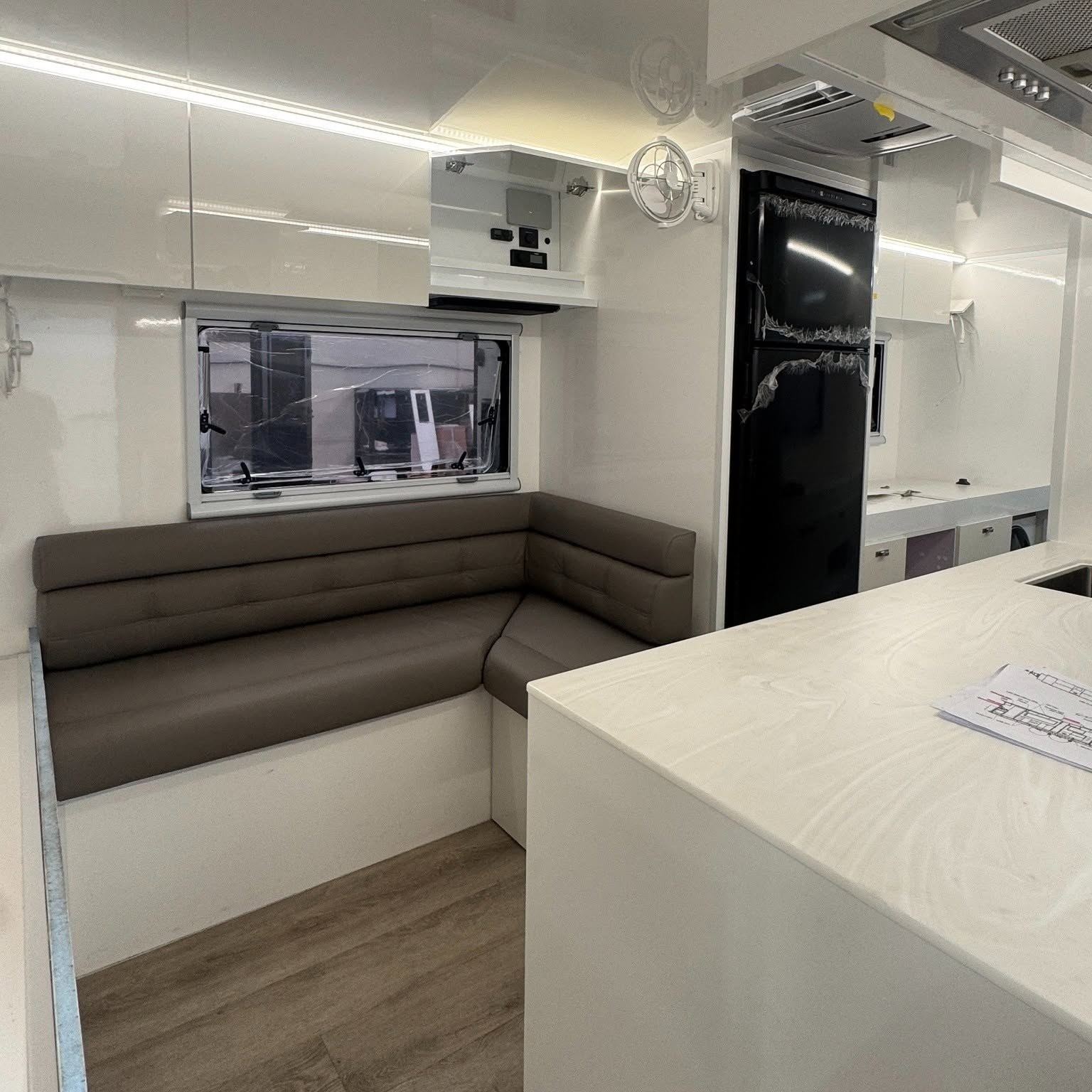 Grey lounge and marble island