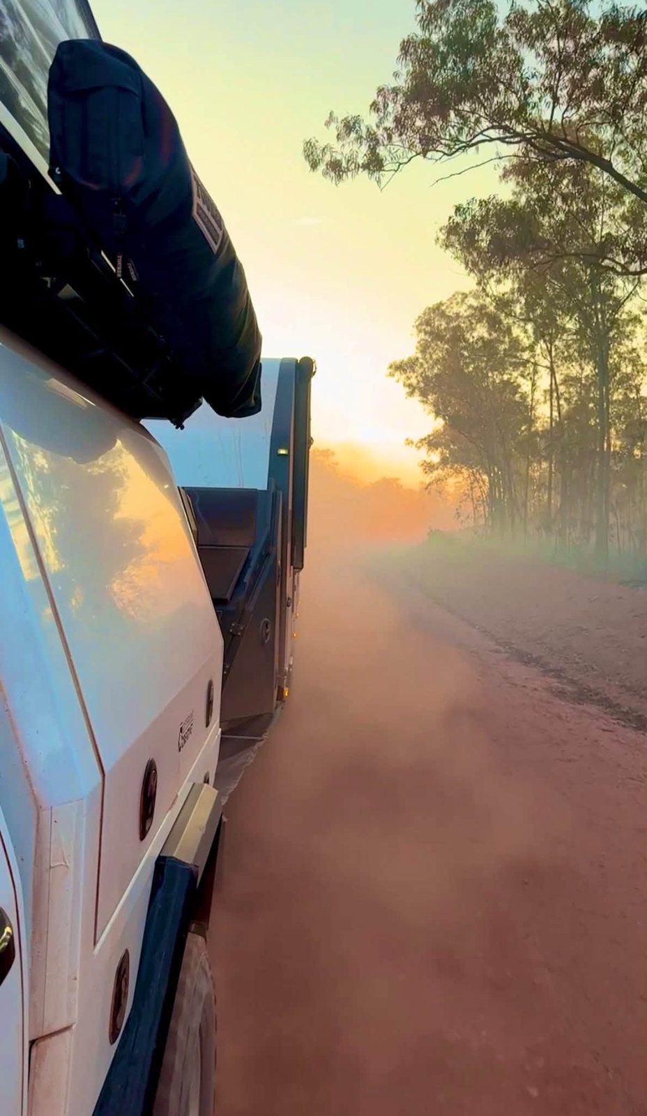 Sunrise and dust from the ute window