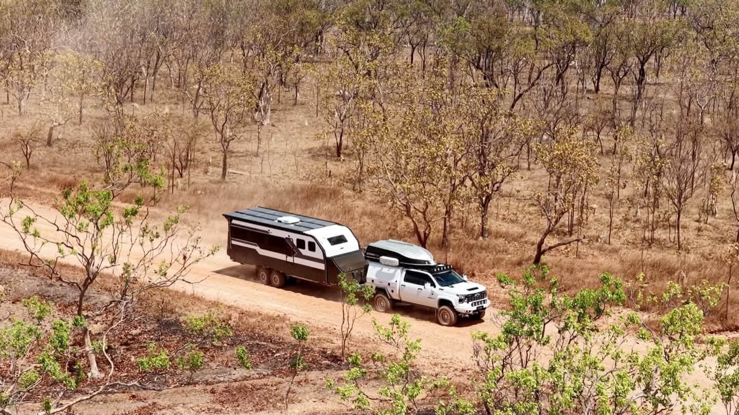 Towing an Offroad Grit RV through dry country, from the air