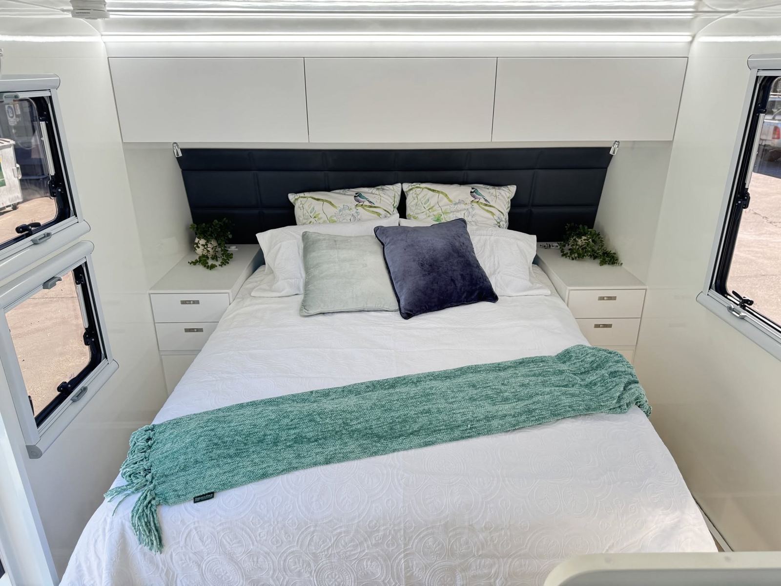 Bedroom with charcoal bedhead