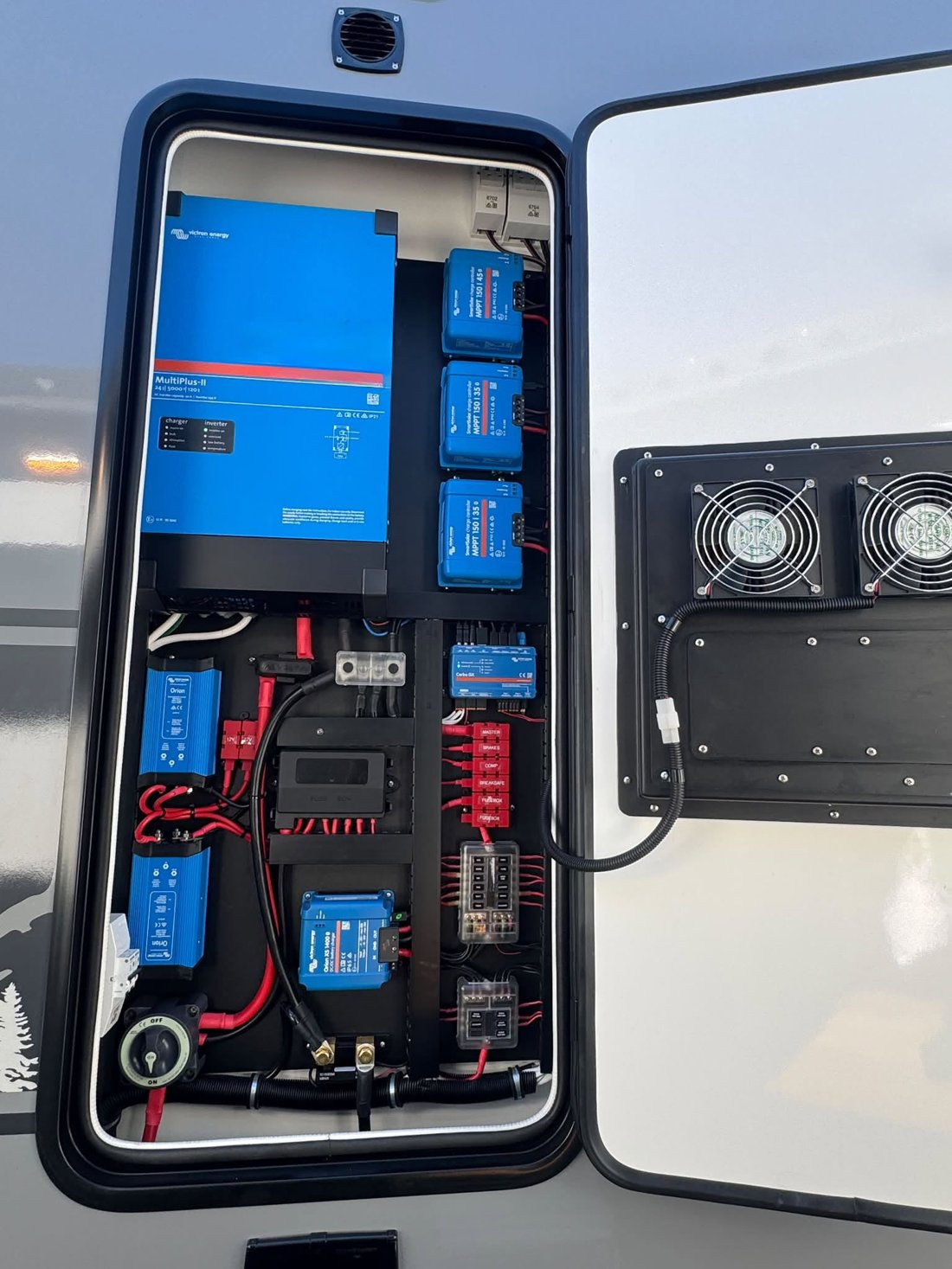 An electrical board built in our factory, behind its hatch, with cooling fans in the door