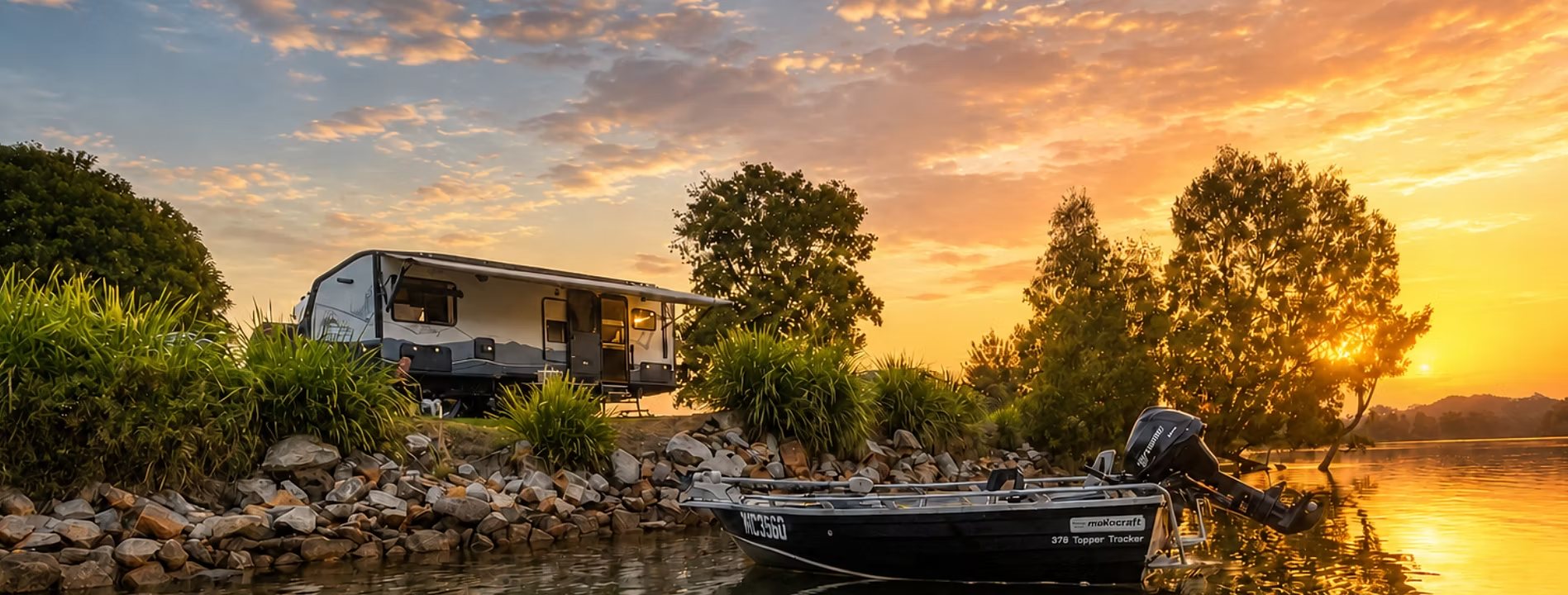 An Offroad Grit RV beside a lake at sunrise, with a tinnie on the water