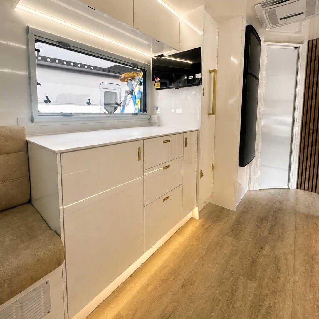 White gloss kitchen with brass handles