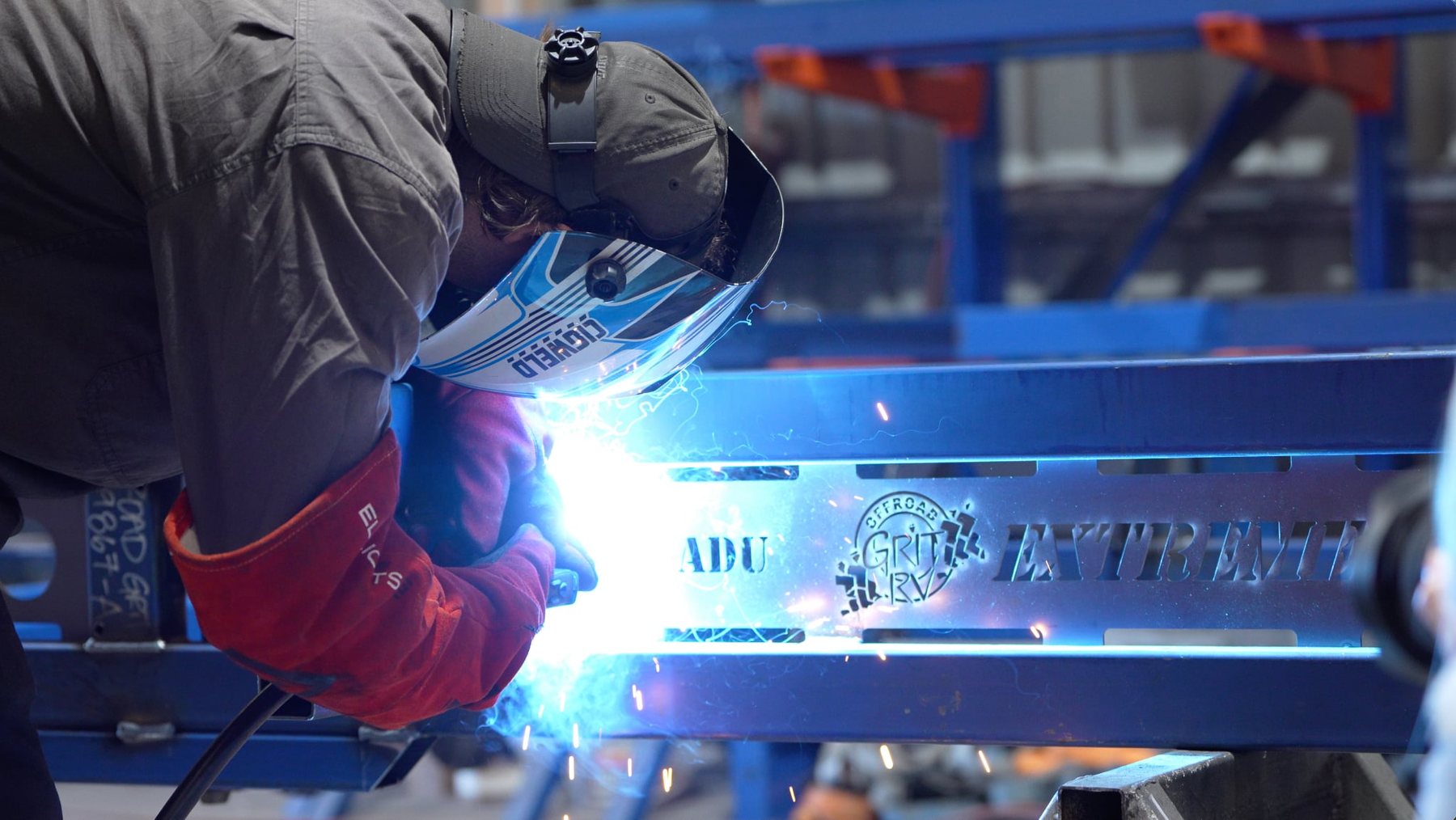 Welding a chassis in our fab shed