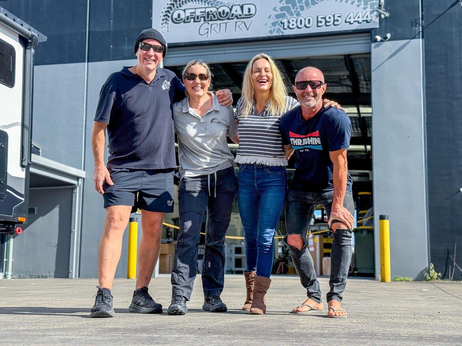 Mark and Rachel with Miriam and Chris from Aussie Destinations Unknown, outside the Offroad Grit RV factory in Caboolture