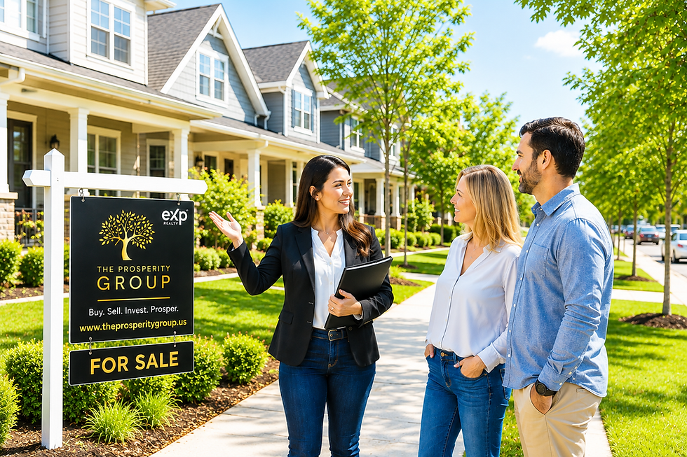 A real estate agent from The Prosperity Group enthusiastically shows a couple a beautiful home for sale in a serene neighborhood.